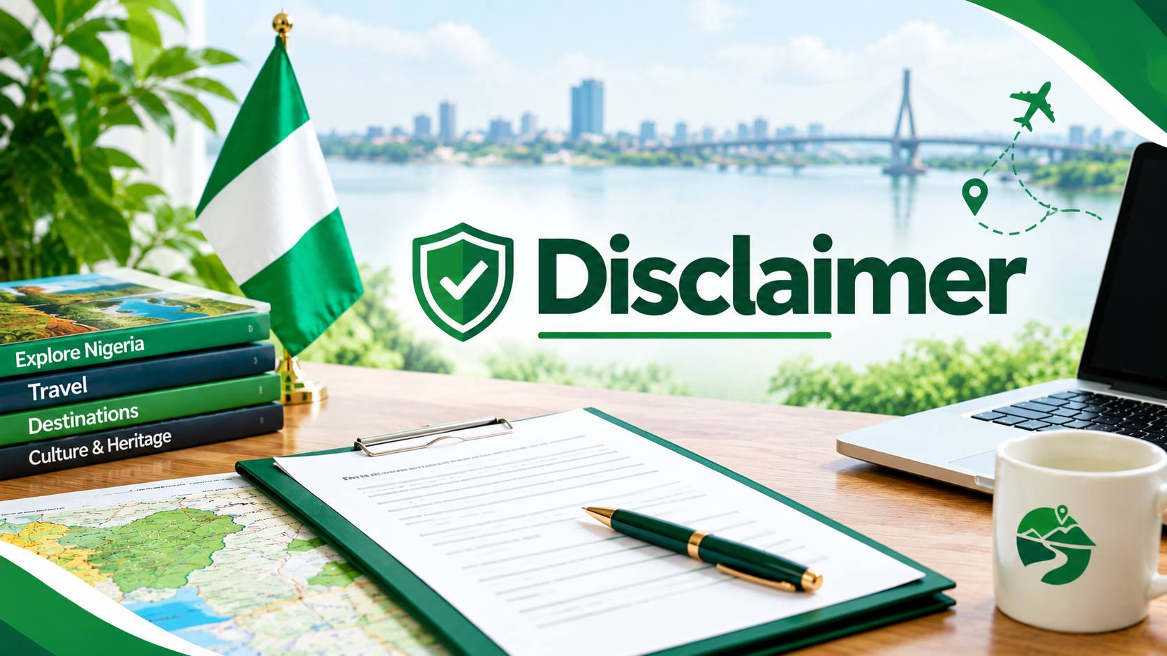 GreenLink.com.ng Disclaimer page featuring a Nigerian travel workspace with Nigeria flag, travel map, laptop and green-white design