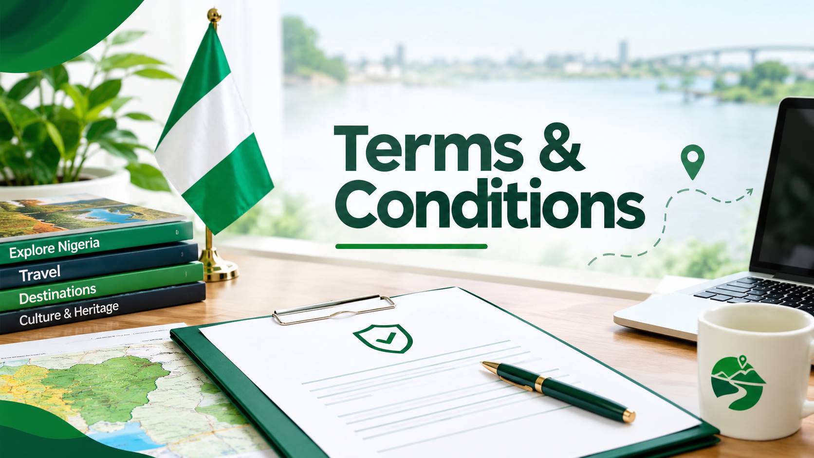 Terms and conditions page for GreenLink.com.ng with a Nigerian travel theme, green and white workspace, Nigeria flag, travel map and document