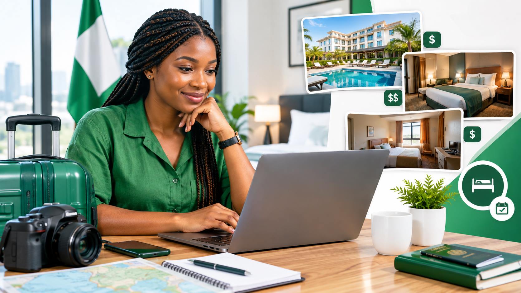 A Nigerian traveler using a smartphone and laptop to plan a trip budget and compare hotel rates online.