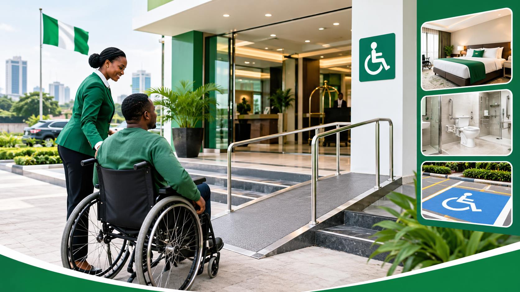 A modern concrete wheelchair ramp leading to a well-lit hotel entrance in Nigeria.