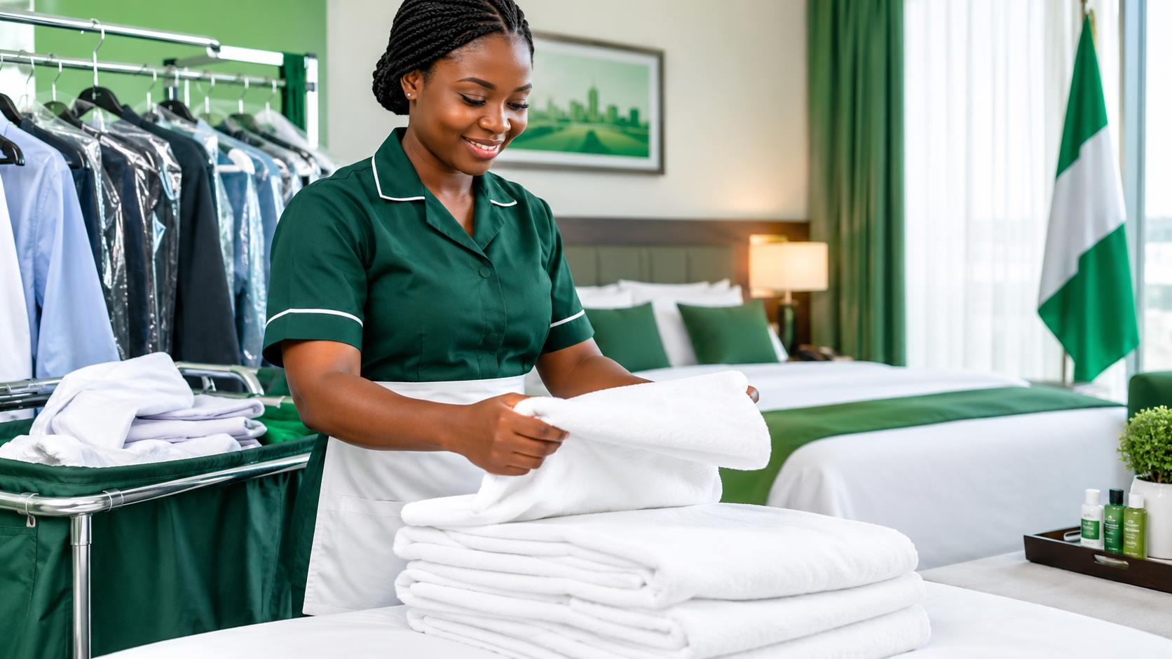 Neatly folded clean clothes on a bed in a Nigerian hotel room, demonstrating hotel laundry services.