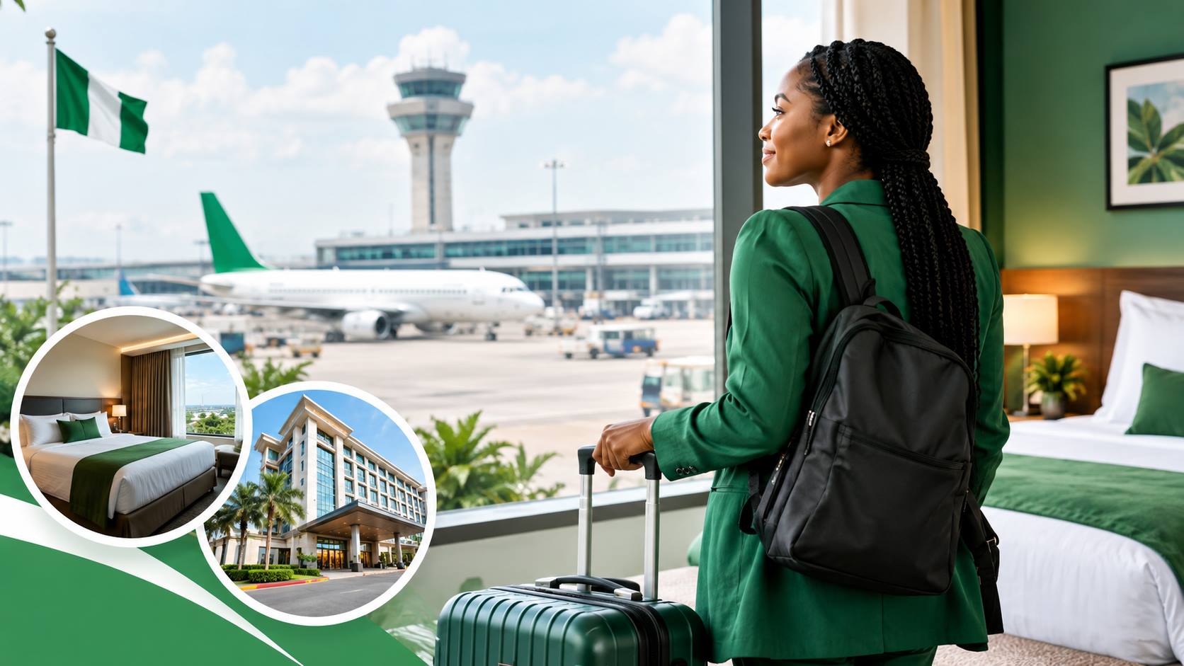 A modern hotel exterior located near a Nigerian airport terminal with a shuttle van parked in front.