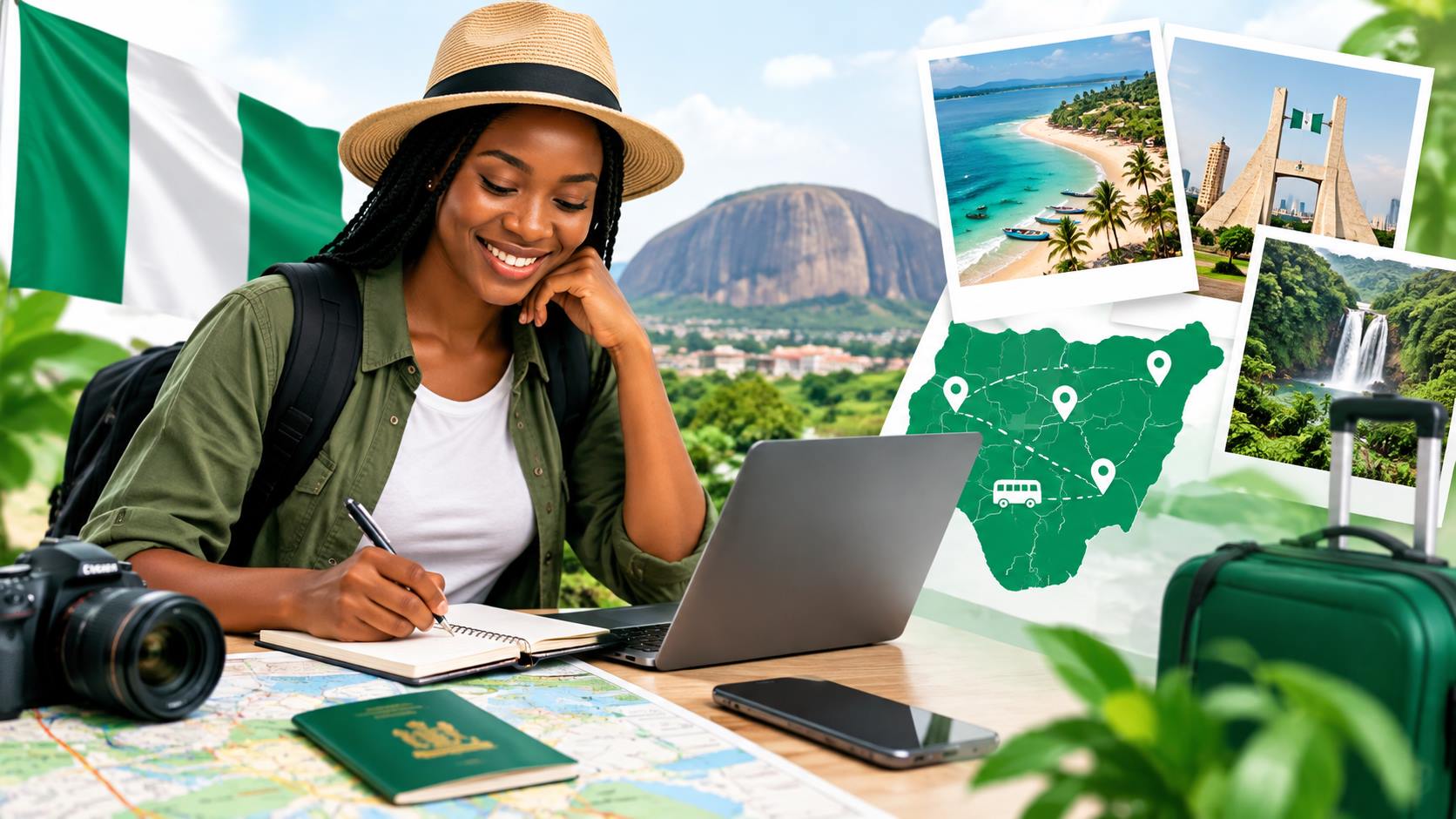A traveler planning a domestic trip within Nigeria looking at a route map on a smartphone next to packed travel bags.