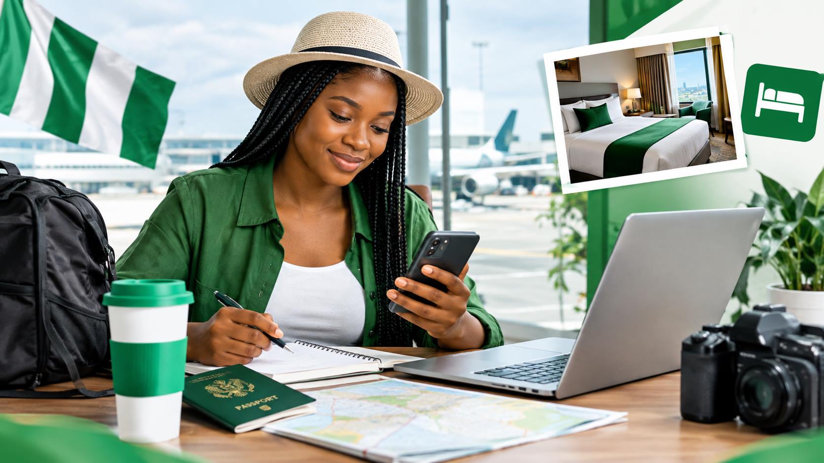 A traveller planning an accommodation budget on a laptop with a modern Nigerian hotel room visible in the background.