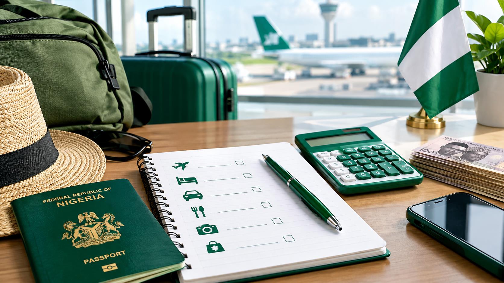 A notebook with a travel budget checklist next to a calculator and a phone showing a Nigerian accommodation guide